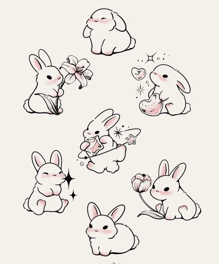 Cute cartoon bunnies with flowers and hearts, sketch-style drawing, pink and white color theme.