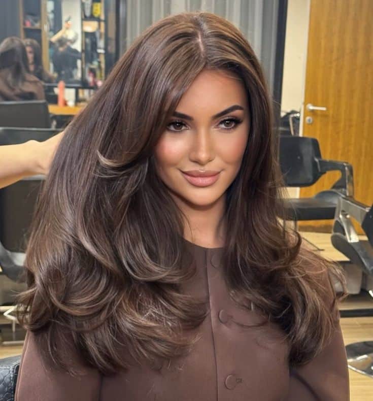 Woman with long, voluminous brown hair in a salon setting, smiling with styled waves and a center part.