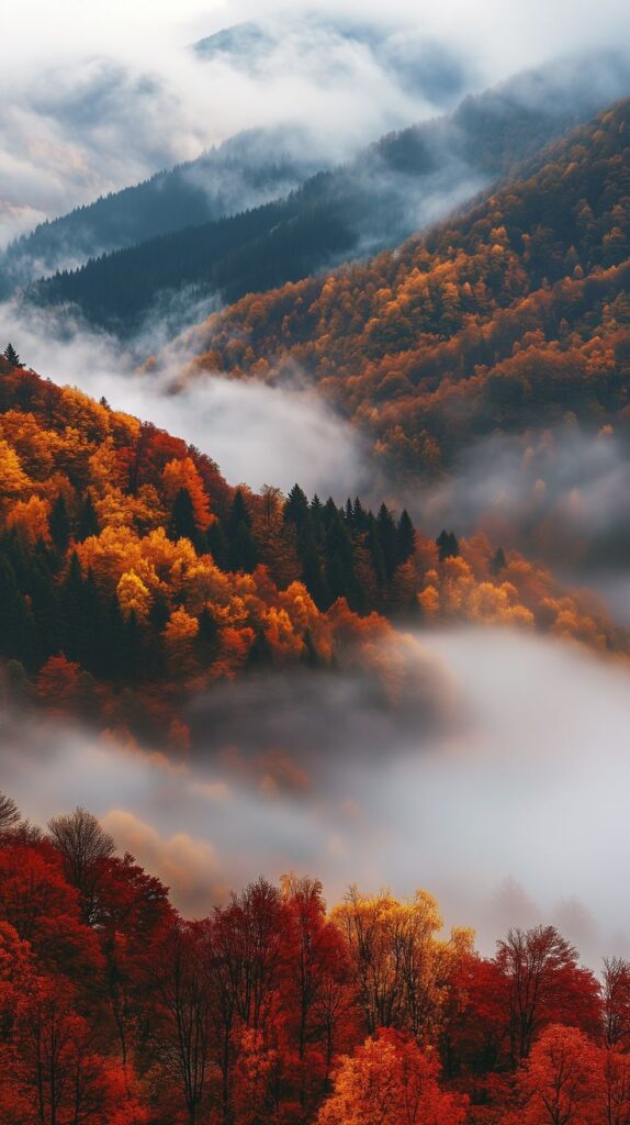 Autumn landscape with colorful trees and mountain mist, showcasing vibrant fall foliage and serene nature beauty.