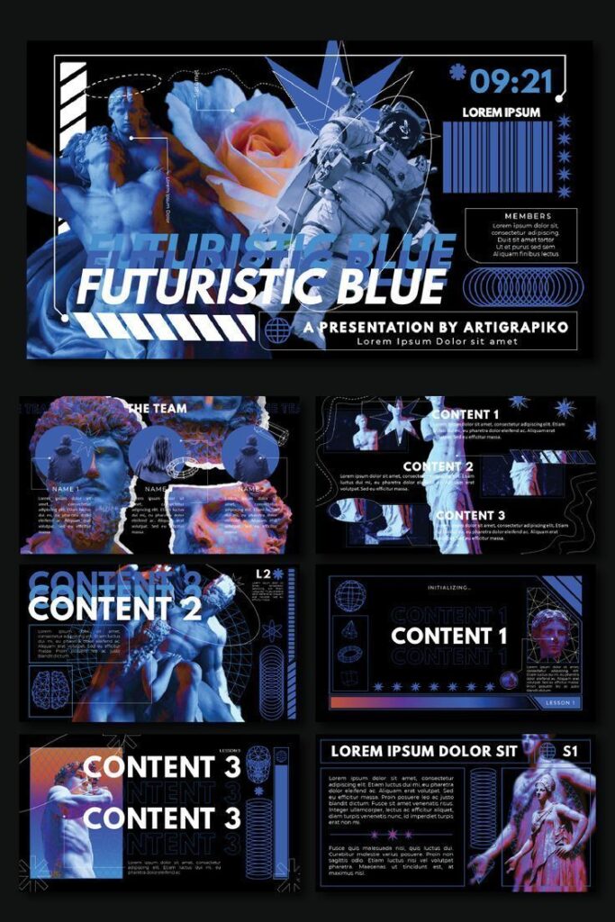 Futuristic blue themed presentation cover with astronaut, sculptures, and digital graphics, designed by ARTIGRAPIKO.