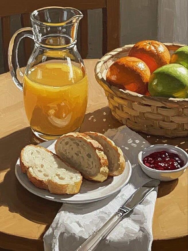 61724b6f-8f15-4bfb-99ab-bb0d8dc82b38 Still life: bread slices with jam, orange juice pitcher, and fruit basket on a wooden table. | Sky Rye Design Still life: bread slices with jam, orange juice pitcher, and fruit basket on a wooden table.
