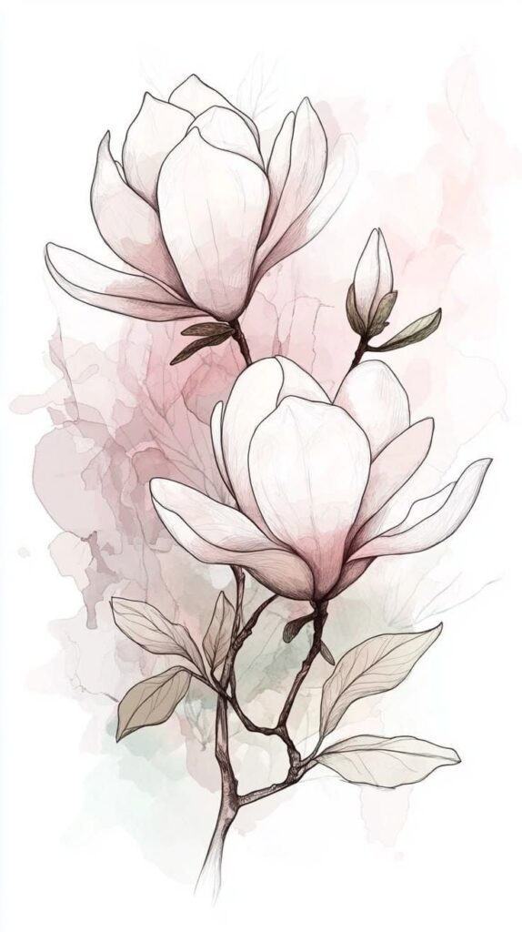 Illustration of elegant pink magnolia flowers with green leaves on a branch, set against a soft watercolor background.