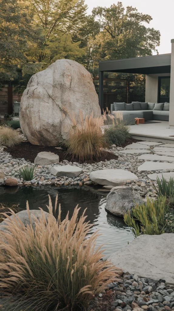 Modern outdoor space with large boulder, stylish pond, and cozy seating area, surrounded by lush greenery.