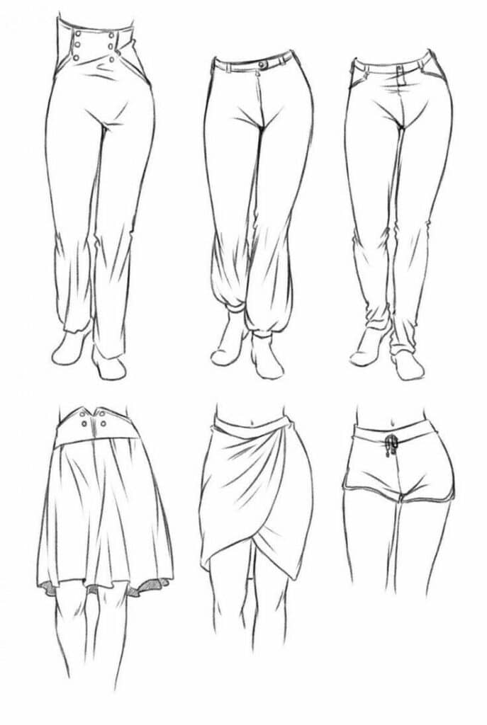 Illustration of different women’s pants and skirts: high-waisted, loose, fitted, wrapped, shorts, and skirt styles.