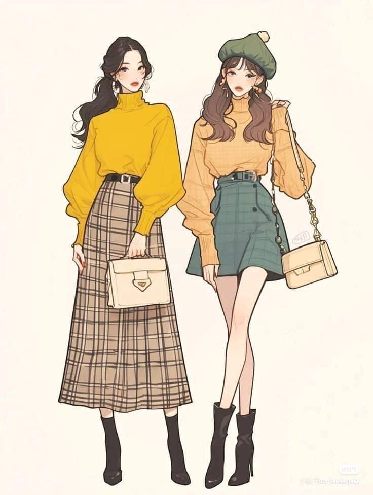 62757848-58c5-4e0e-b5fb-f1650fa80b3b Illustration of two stylish women in autumn outfits with skirts, boots, and handbags, exuding fashion-forward elegance. | Sky Rye Design Illustration of two stylish women in autumn outfits with skirts, boots, and handbags, exuding fashion-forward elegance.