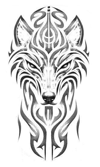 62ccedf3ba316b78e92e283592abc759 Stylized tribal wolf face design with intricate black tribal patterns on a white background. | Sky Rye Design Stylized tribal wolf face design with intricate black tribal patterns on a white background.