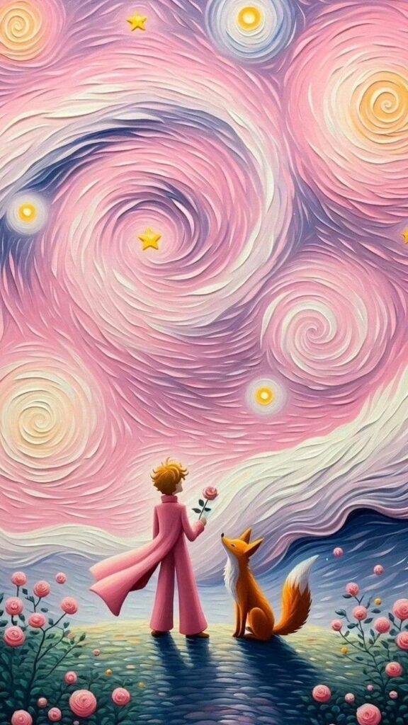 Whimsical scene of a child with a fox, under swirling pink skies and stars, holding a rose in hand.