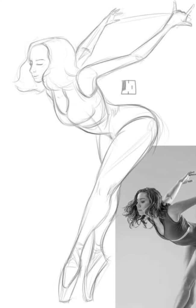 Sketch of a graceful dancer in motion, capturing fluidity and elegance next to real-life dance pose.