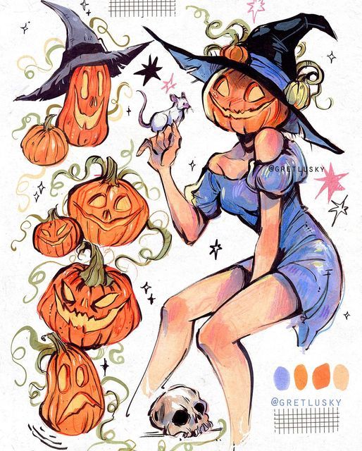 Witch with pumpkin head and a mouse, surrounded by jack-o'-lanterns. Halloween illustration with spooky magic vibes.