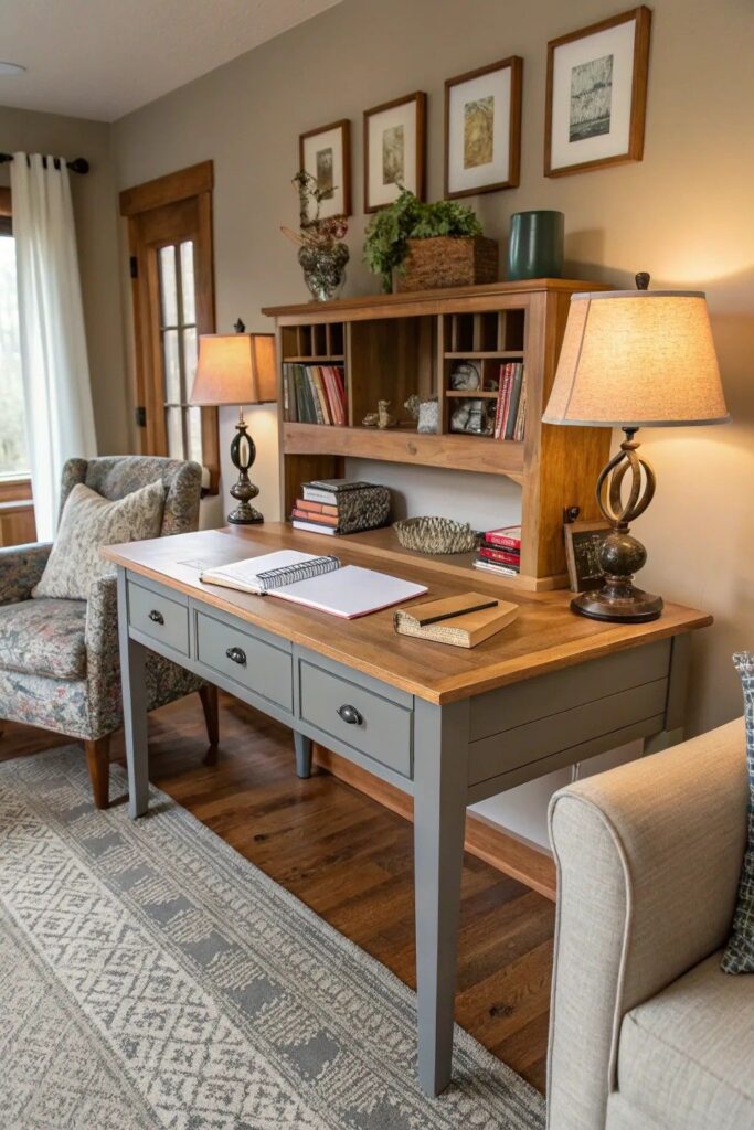 6439e7ca8fe7da2abde1e34a008adeb3 Cozy home office with elegant wooden desk, bookshelves, and comfortable armchair for an inviting workspace. | Sky Rye Design Cozy home office with elegant wooden desk, bookshelves, and comfortable armchair for an inviting workspace.