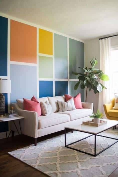 6451d566965a004f66bd157f23920764 Colorful modern living room with abstract wall art, beige sofa, pink cushions, and a large plant by the window. | Sky Rye Design Colorful modern living room with abstract wall art, beige sofa, pink cushions, and a large plant by the window.