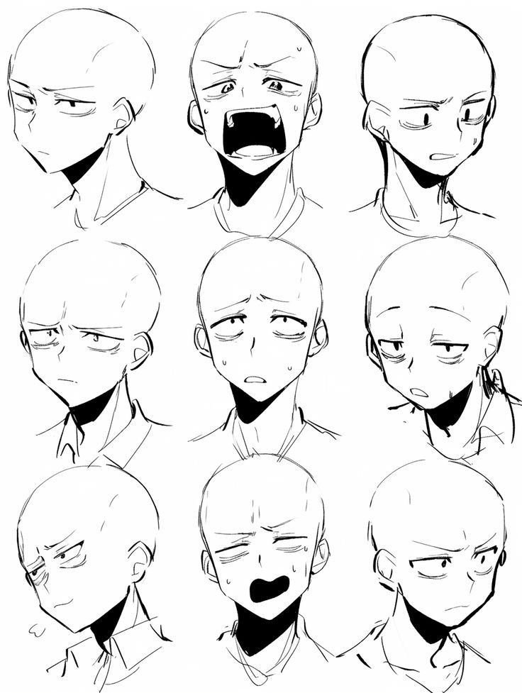 Anime character expressing nine different emotions in black and white sketches.