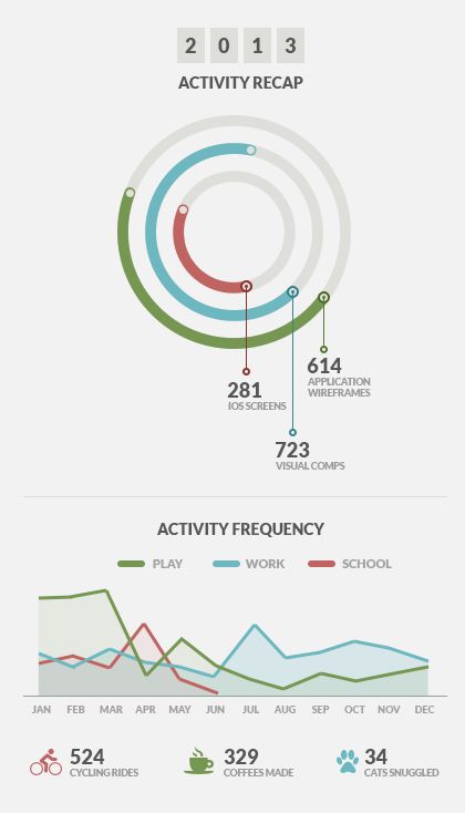 2013 activity recap: 281 iOS screens, 614 wireframes, 723 comps; cycling rides, coffee made, cats snuggled visual data.
