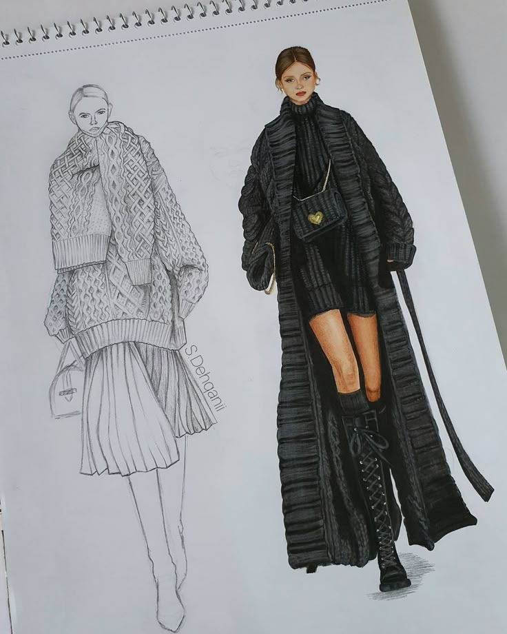 Fashion sketch and illustration of a winter outfit with a cable-knit sweater, pleated skirt, and long coat.