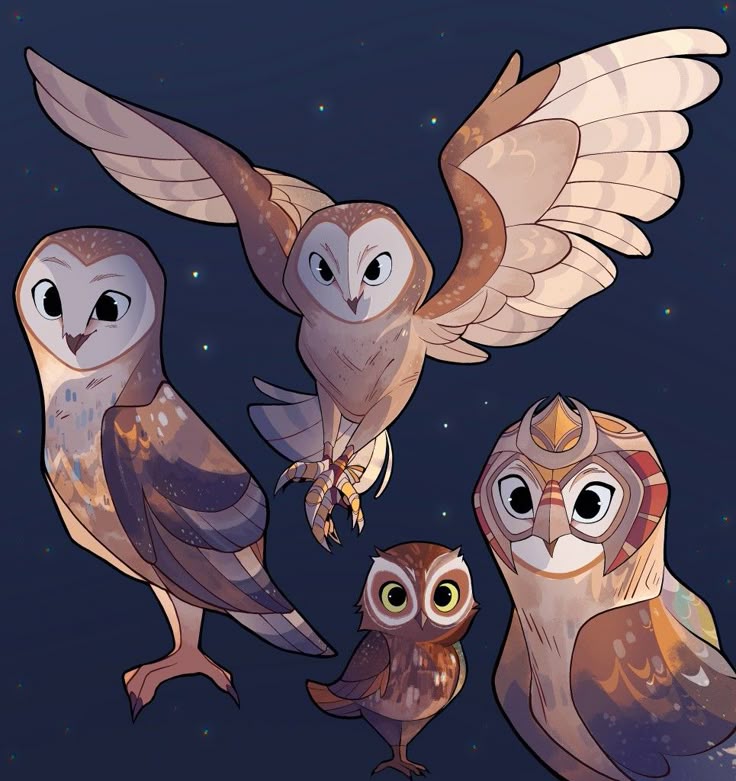 Illustrated owls in various poses against a starry night sky, showcasing diverse expressions and plumage patterns.