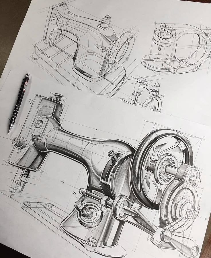 66d89709-75b5-4dab-8f03-8b04fbb22e4d Intricate sketches of a mechanical sewing machine with detailed engineering designs and a pen for scale. | Sky Rye Design Intricate sketches of a mechanical sewing machine with detailed engineering designs and a pen for scale.