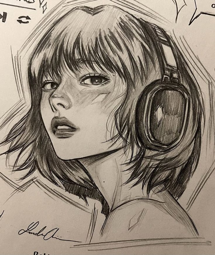 66e7ae3f-3529-42a3-92e8-af53d1c8e583 Sketch of a woman with headphones, looking sideways, with short hair and a focused expression. Black and white art. | Sky Rye Design Sketch of a woman with headphones, looking sideways, with short hair and a focused expression. Black and white art.