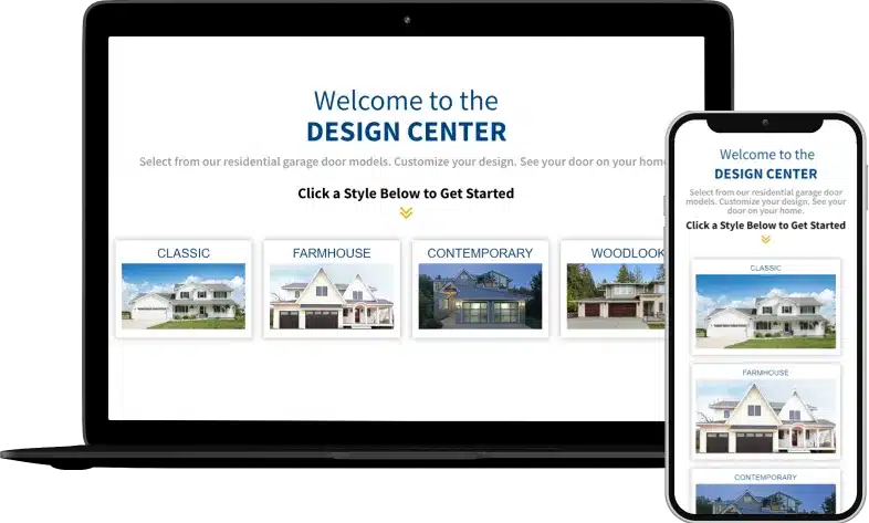 Responsive design center webpage for selecting and customizing residential garage door styles: Classic, Farmhouse, Contemporary.