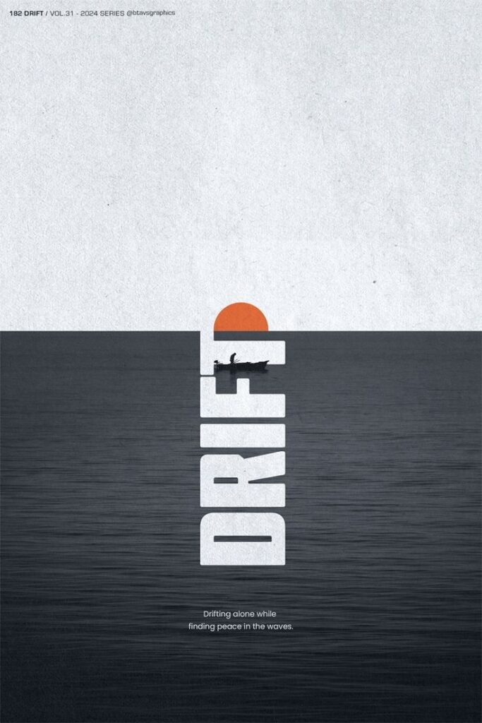 Minimalist design with a lone figure in a boat against a sunset, featuring the word DRIFT vertically in bold.