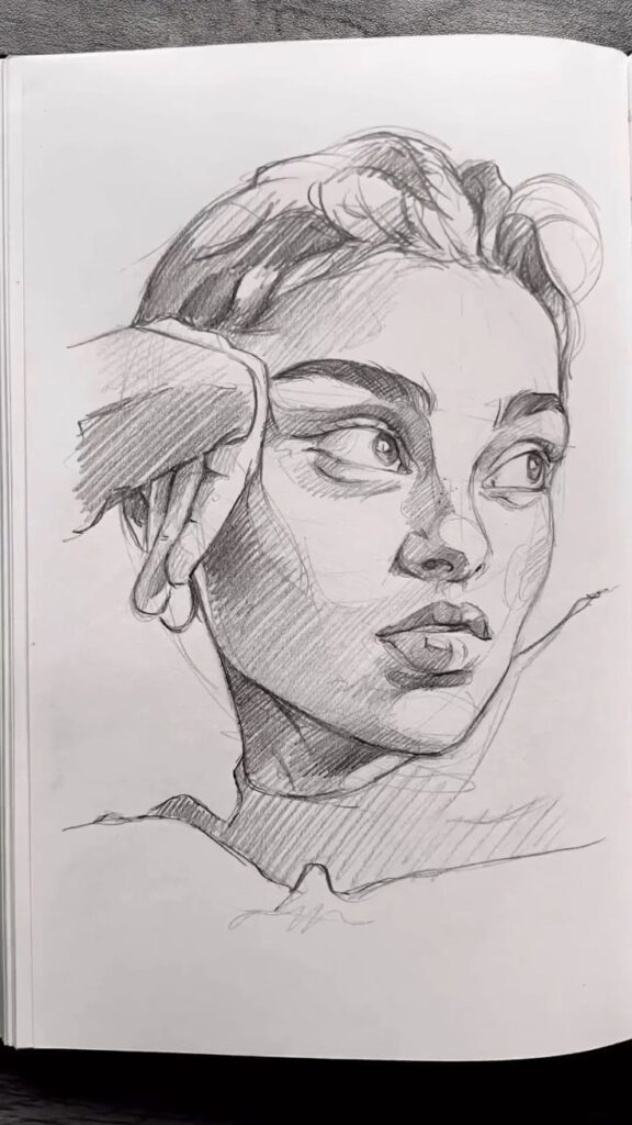 Pencil sketch of a thoughtful person gazing sideways, hand resting on head, detailed shading on face.