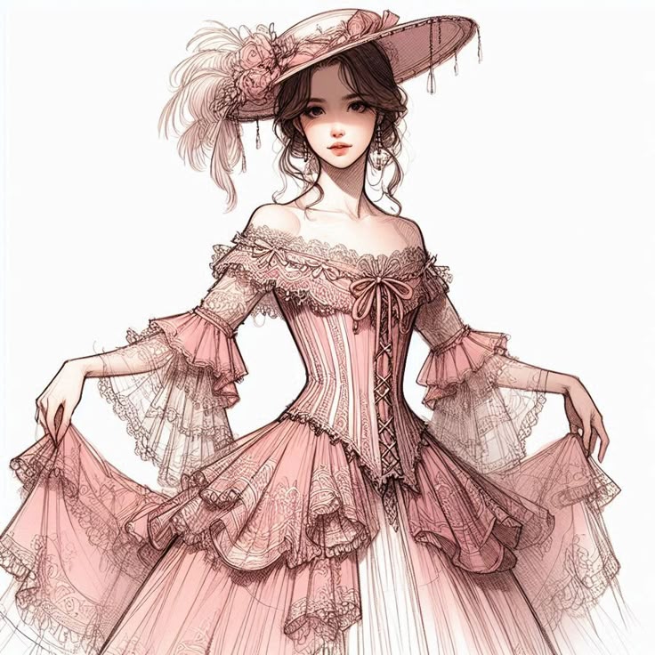 Victorian-style woman in elegant pink lace dress and hat, showcasing intricate details and romantic fashion.