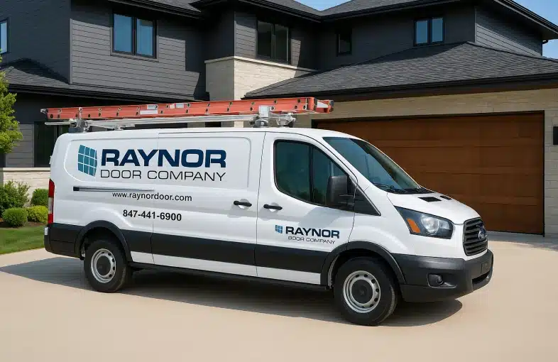Delivery van from Raynor Door Company parked in front of a modern home with garage, featuring company branding and contact info.