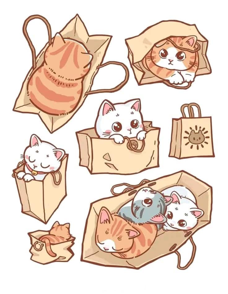 Cute cartoon cats playfully nestled in various paper bags.