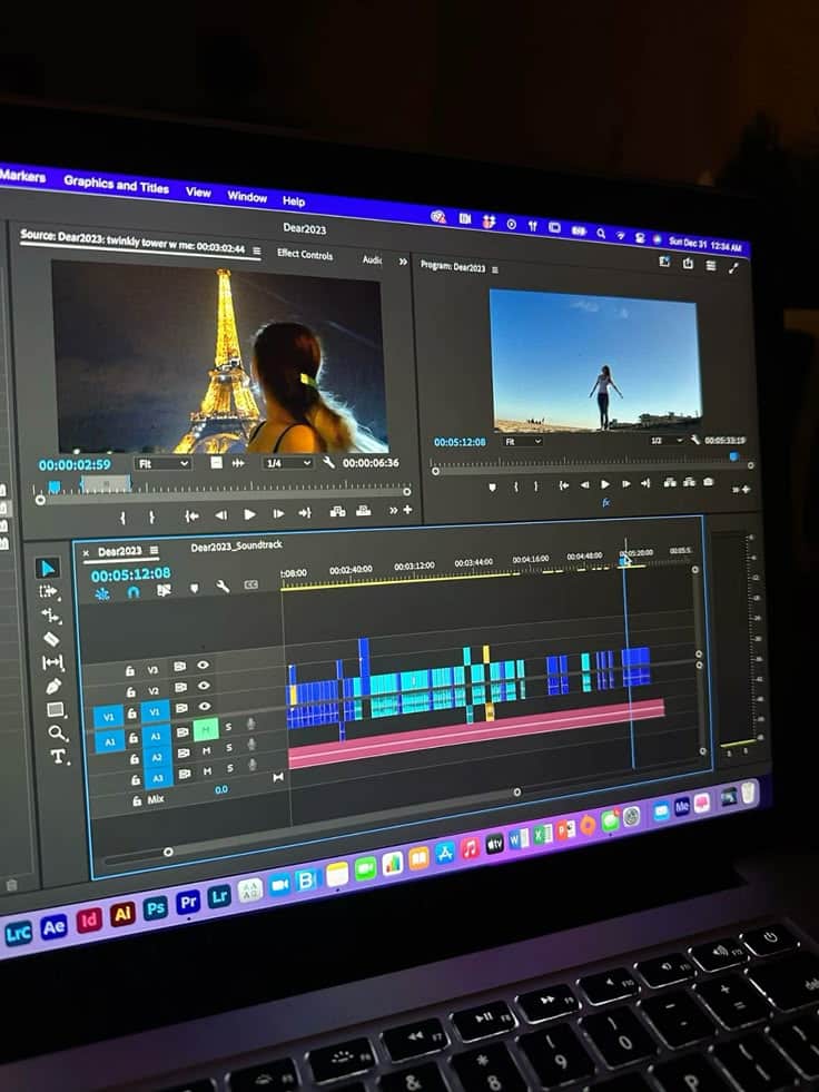 Video editing software interface on laptop screen with timeline and preview windows open.