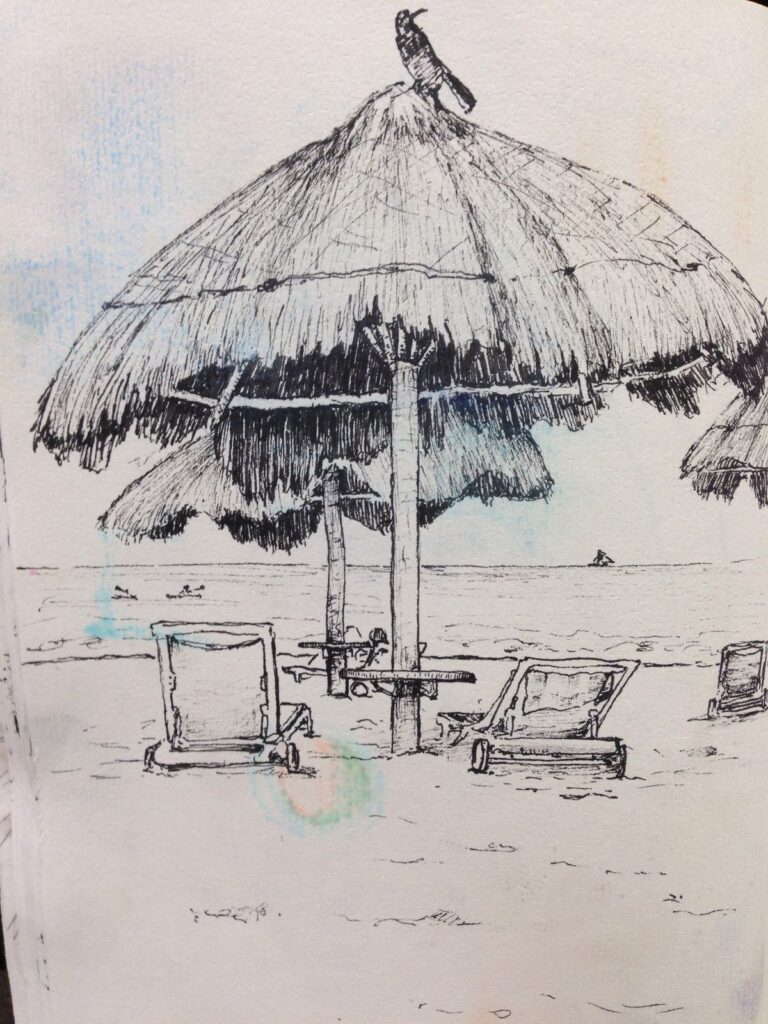 Sketch of beach loungers under a thatched umbrella with a bird on top, set against an ocean backdrop.