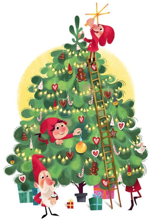 Elves decorating a Christmas tree with ornaments and lights, ladder and gifts below.