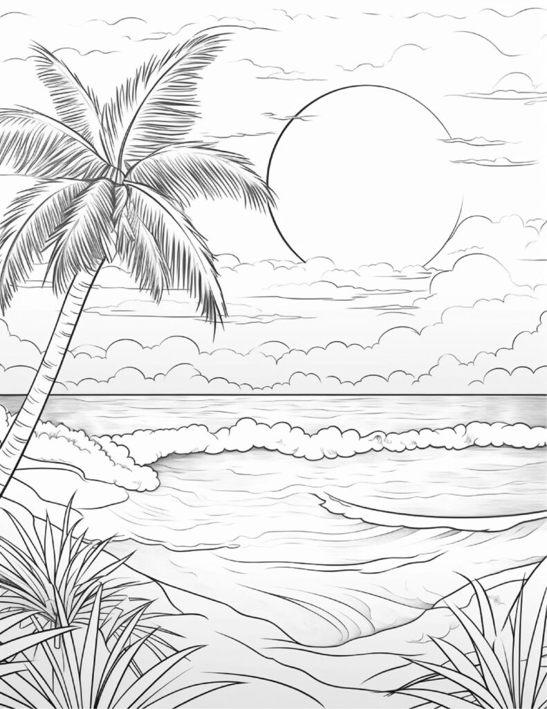 Illustration of a serene beach scene with palm tree, rolling waves, and a setting sun in a clear sky.