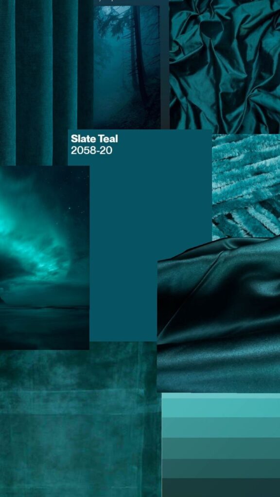 6c5429df-4527-44ed-9577-6b9bf752948d Collage featuring deep teal hues labeled Slate Teal 2058-20 with fabric textures and natural landscapes. | Sky Rye Design Collage featuring deep teal hues labeled Slate Teal 2058-20 with fabric textures and natural landscapes.
