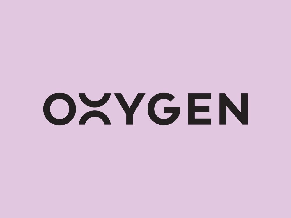 Stylized Oxygen logo on a light purple background, featuring creative geometric design elements in black text.