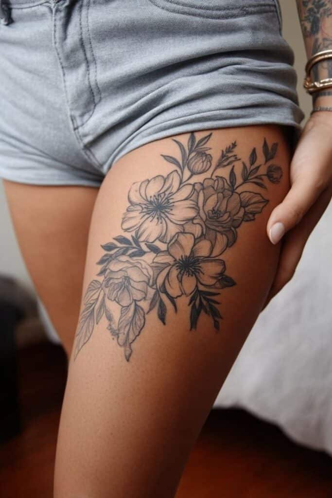 Floral tattoo design on thigh with intricate black linework, worn with denim shorts.