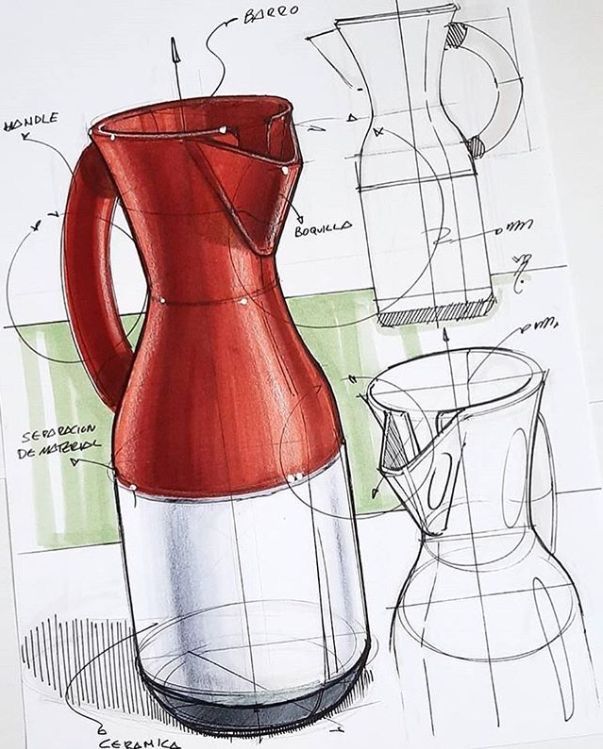 6e4d4b59-09b1-40d1-8c94-194f89fc9248 Concept sketch of a red jug with detailed annotations for design and material selection. | Sky Rye Design Concept sketch of a red jug with detailed annotations for design and material selection.