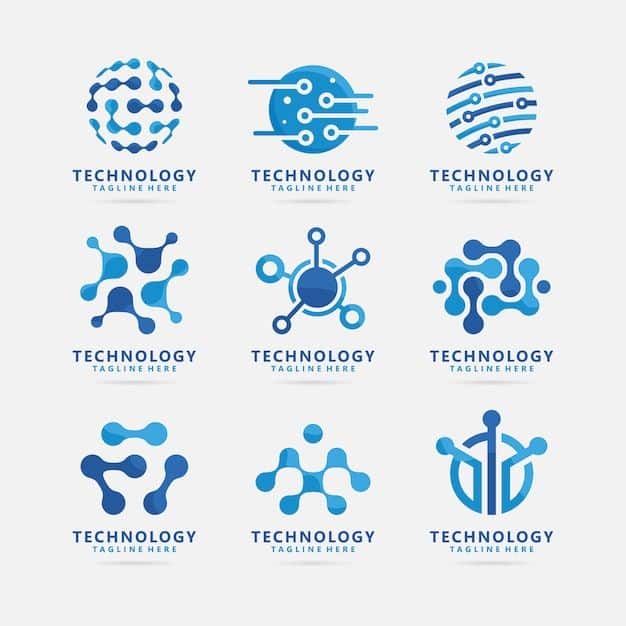 Nine blue tech logo designs with abstract circuit and network patterns, labeled Technology with taglines below.