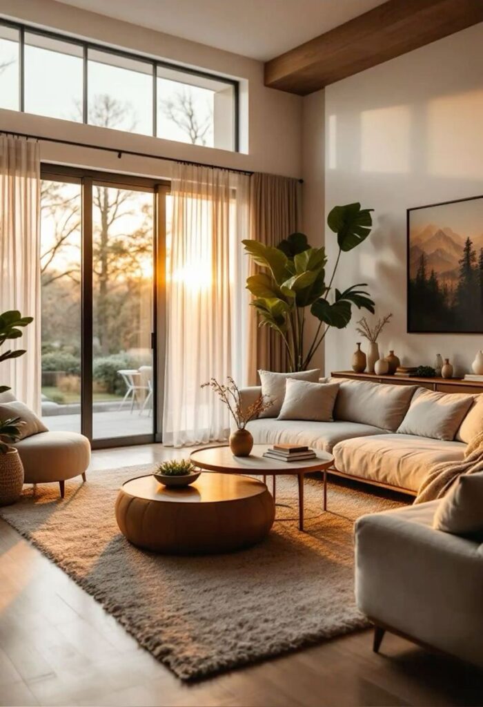 Modern living room with cozy seating, large windows, and plants at sunset. Plush decor creates a warm ambiance.