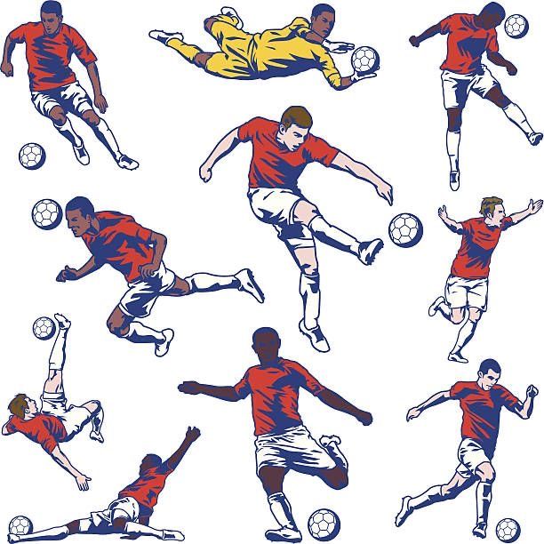 Illustrated soccer players in various action poses with footballs, wearing red jerseys and white shorts.