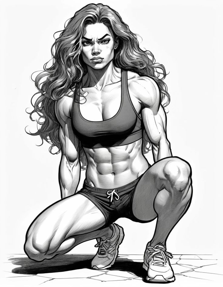 Illustrated muscular woman in athletic pose, showcasing strength and confidence with long hair, wearing sportswear.