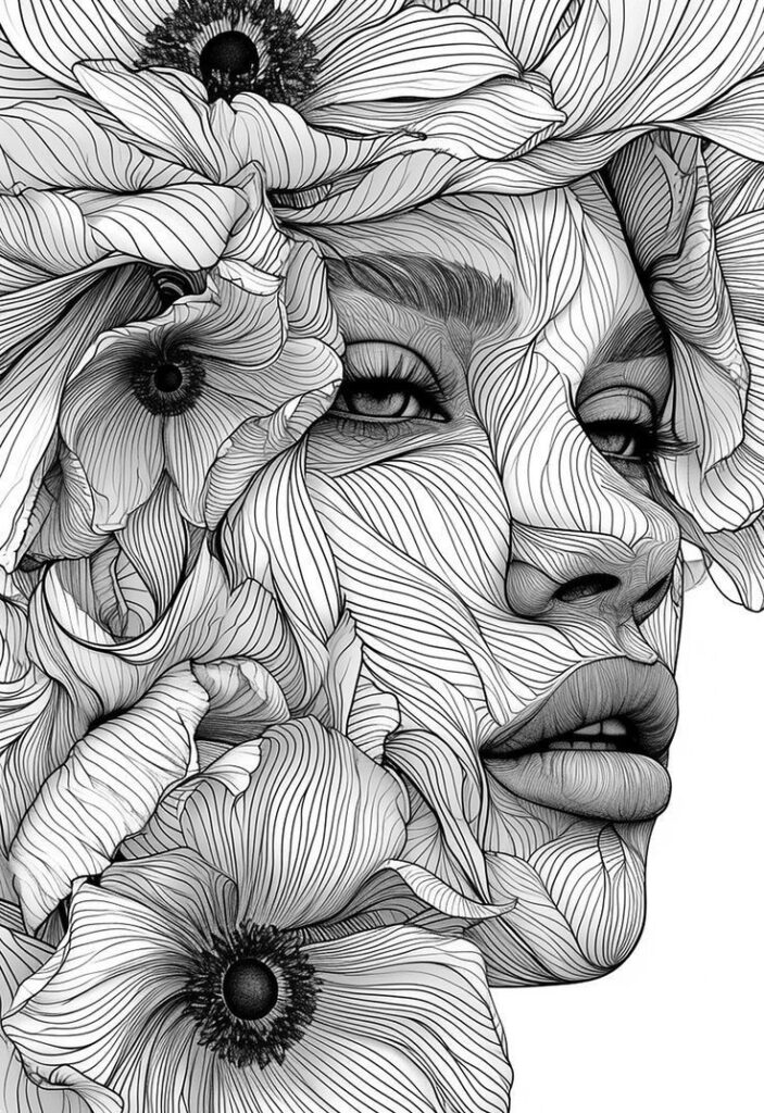 Illustrated face intertwined with blooming flowers, showcasing intricate line-art detail in black and white.