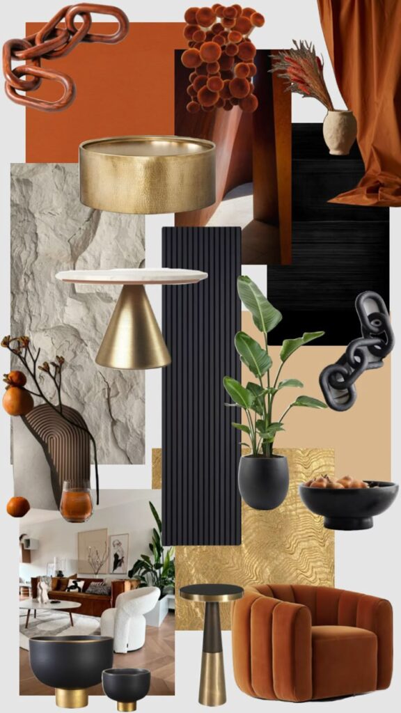 Modern interior design collage featuring earthy tones, stylish furniture, and decorative elements for a cozy living space.
