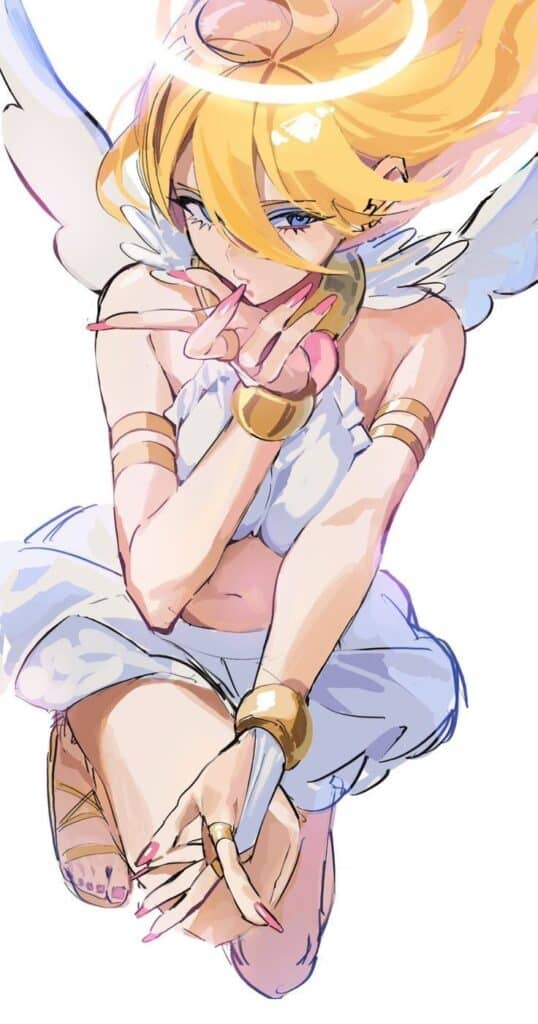 Anime angel with blonde hair and halo, wearing white and gold, poses pensively. Vibrant illustration style.