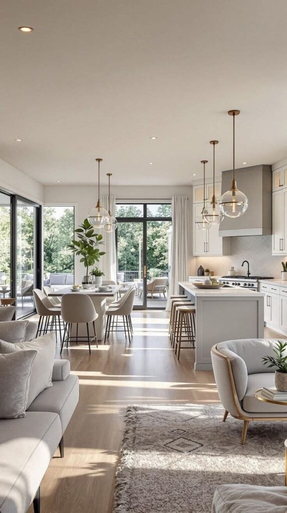 Modern open-plan kitchen and living area with natural light, pendant lights, and elegant furnishings.