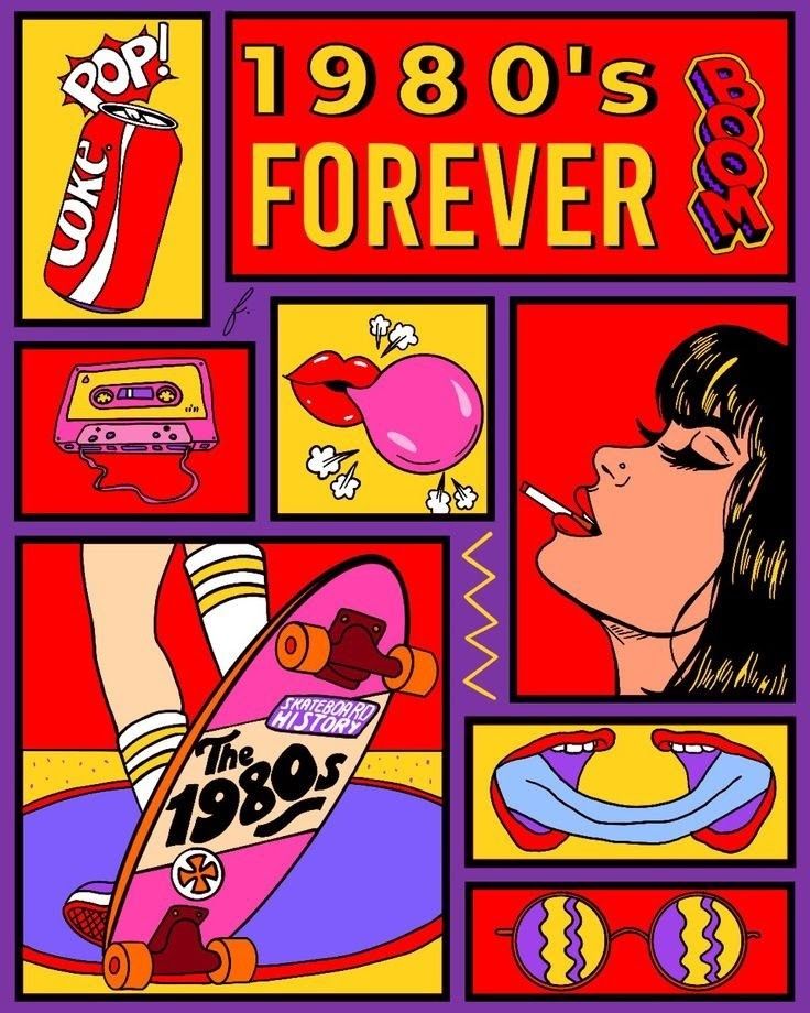 1980s pop culture collage with skateboard, cassette, soda, woman with bubble gum, retro vibes, bold colors, and graphics.