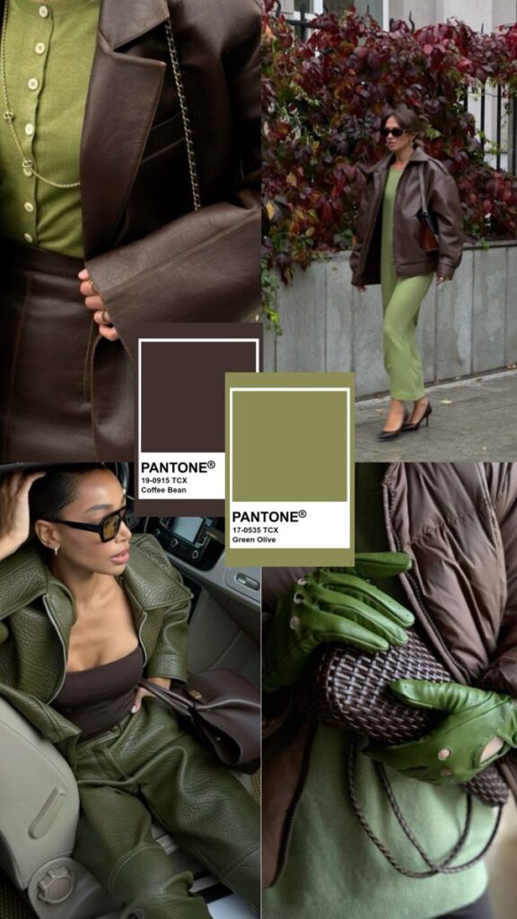 Fashion collage featuring green and brown outfits, Pantone color swatches: Coffee Bean and Green Olive, with stylish accessories.