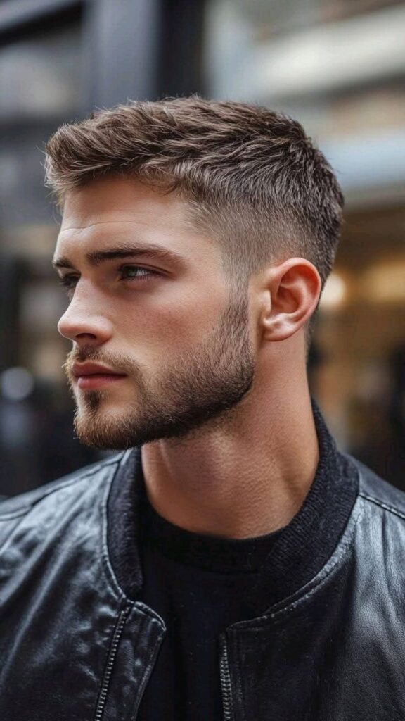 Young man with short brown hair and beard wearing a black leather jacket, gazing to the left.