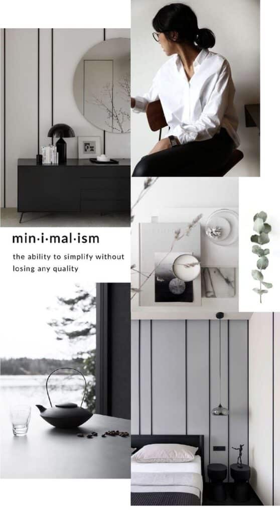 Collage showcasing minimalist interior design with neutral tones, simple decor, and modern, elegant furnishings.
