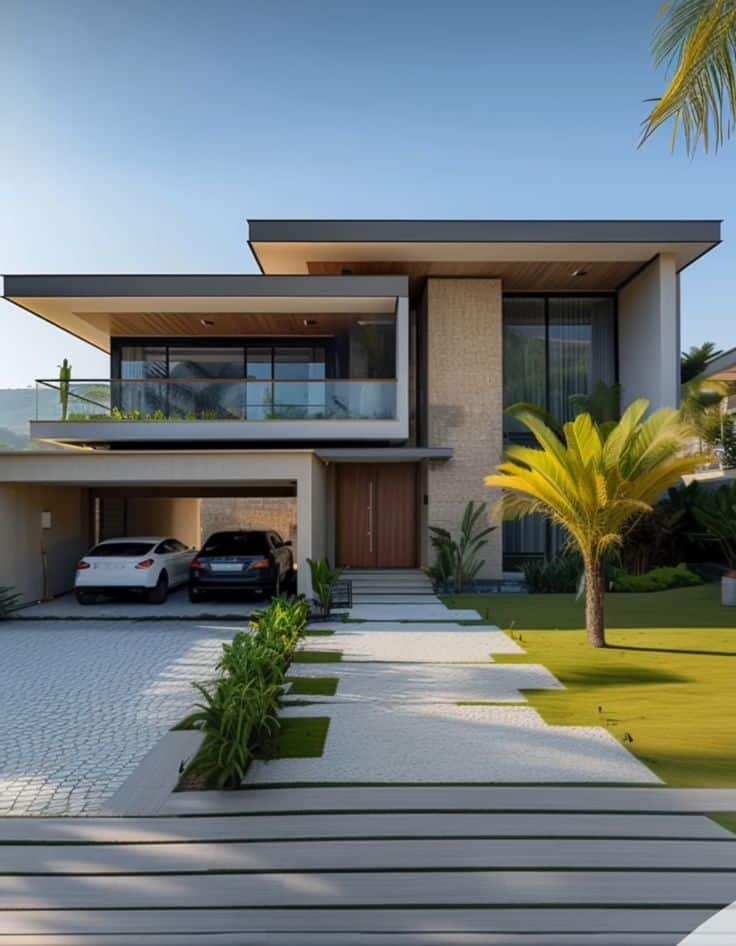 Modern luxury house with two cars in driveway, palm tree, and landscaped garden under clear blue sky.