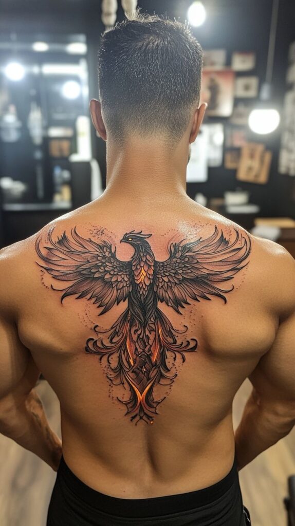 Man with a vibrant phoenix tattoo design on back in a tattoo studio.