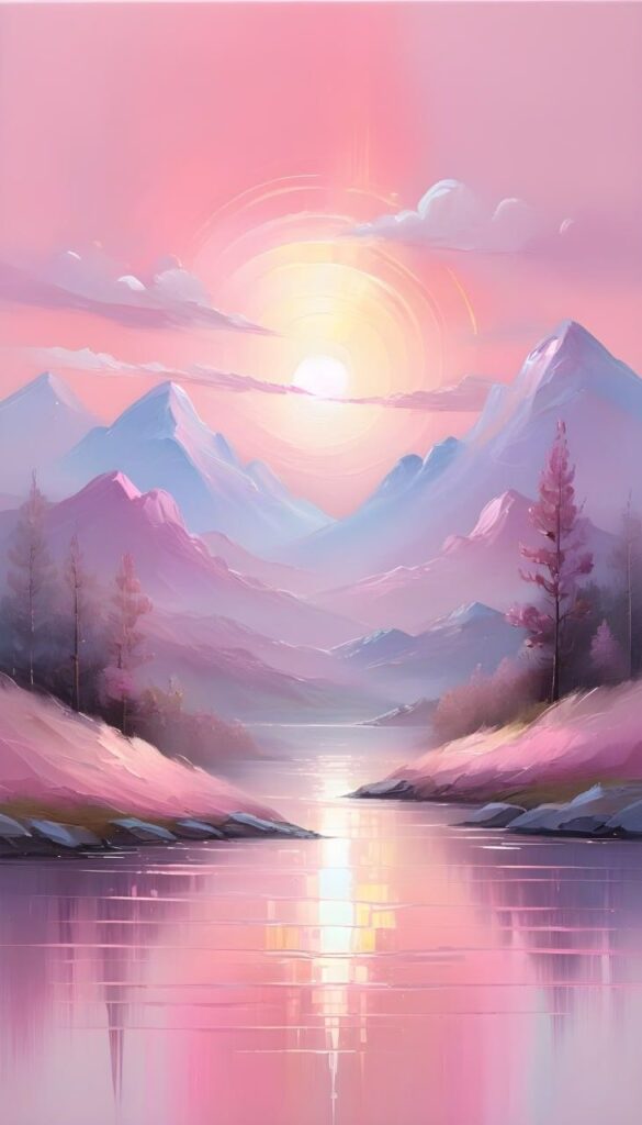 Pink mountain landscape at sunrise, reflecting on a serene lake with soft pastel skies and peaceful ambiance.